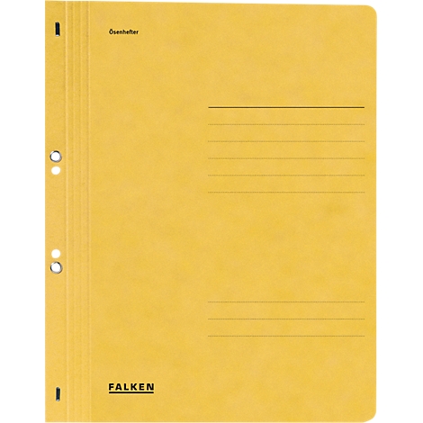 Yellow FALKEN file folder with hole, lettering, lines and logo.