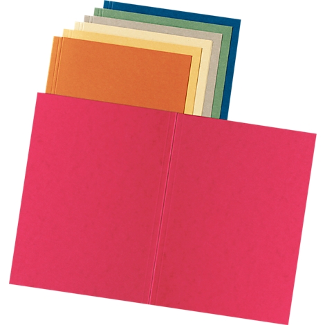 A red folder with colorful sheets inside. Colors: Orange, yellow, green, blue and gray.