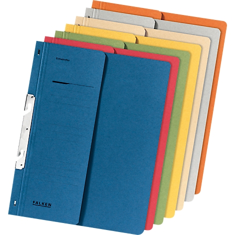 Multi-colored file folders, blue front with brand logo. Various colors: orange, beige, yellow, red, green, grey.