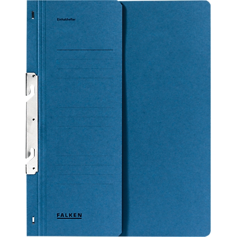 Blue Falken folder, open. Lines for notes and the brand name are on the front. The folder is on a white background.