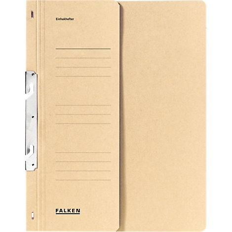 Beige Falken folder, opened. With lines for labeling, metallic lever closure, and the word 'FALKEN'.