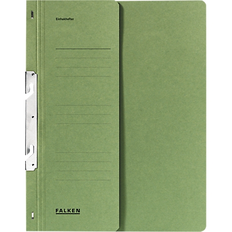 Green paper file with white clips, labels and the brand name Falken.