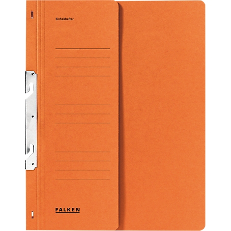 Orange file folder with metal clip. Label: "Einsteckhefter" and "FALKEN".