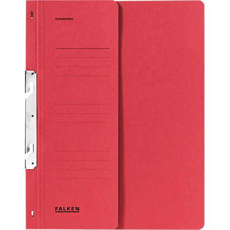 Red Falken file folder with metal clip and lettering.