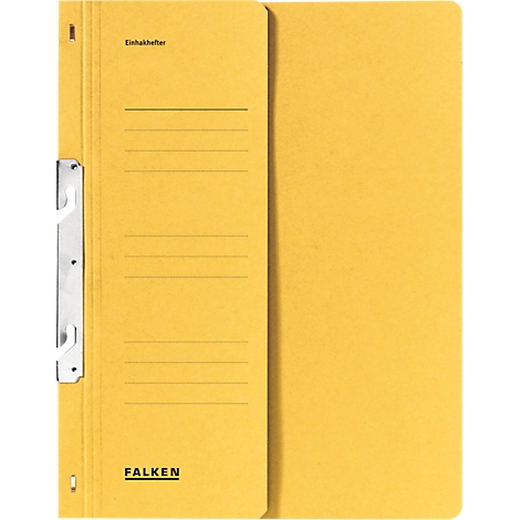 Yellow Falken file folder with labels and a silver clip.