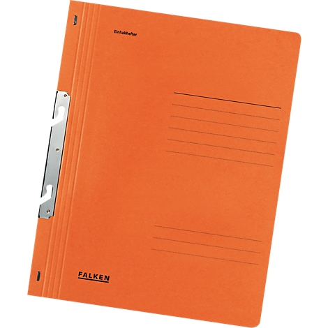 Orange Falken file folder with metal clasp and lines for labeling.