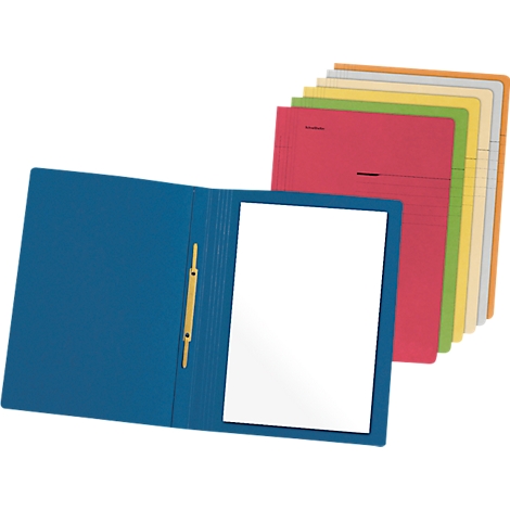 Blue folder, opened, with a white sheet. Stack of colorful folders in the background.