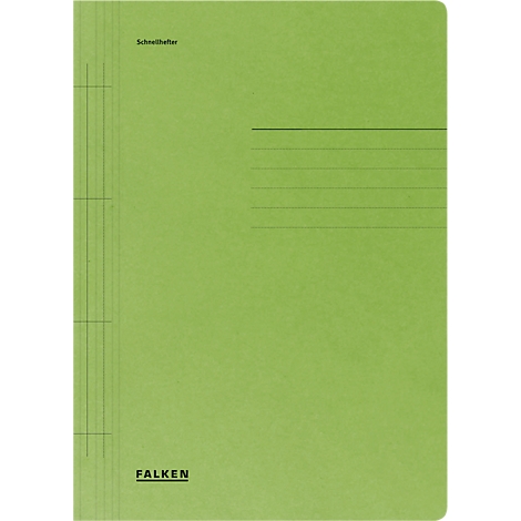 Green folder with lines and the words "Schnellhefter" at the top and "FALKEN" at the bottom.