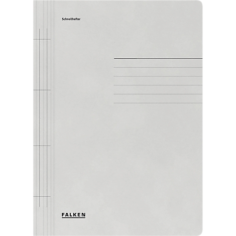 Grey file folder with lined writing surface and vertical lines. Top: Schnellhefter. Bottom: FALKEN.