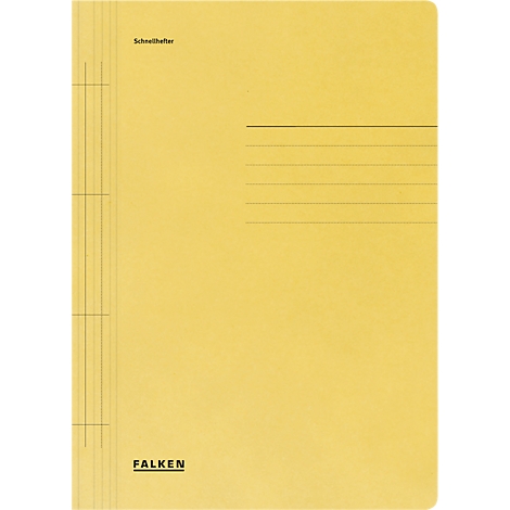 Yellow file folder with lines and the FALKEN logo. "Schnellhefter" is written at the top.
