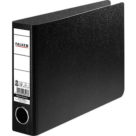 Schwarzer Ordner von Falken mit weißen Etiketten. Aufdruck: FALKEN. Rundes Loch für die Mechanik.