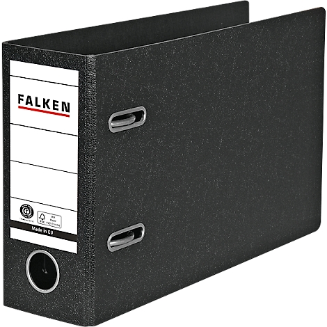 Schwarzer Aktenordner mit Label 'FALKEN' und silbernen Hebeln.