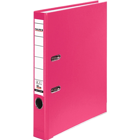 Ein pinkfarbener Ordner mit dem Label "FALKEN" und einem schwarzen Loch.