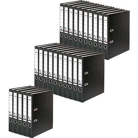 Arrangement of black ring binders with white spine labels.