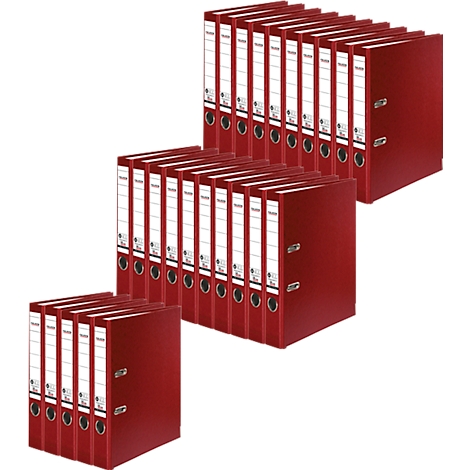 Three stacks of red binders with white spine labels.