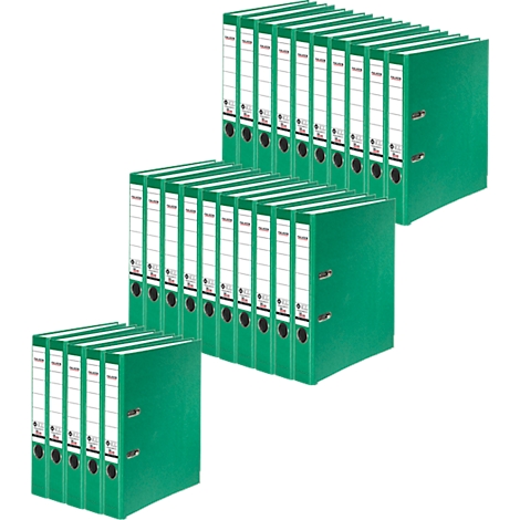 Three stacks of green binders with white labels. Six binders are visible in the foreground.