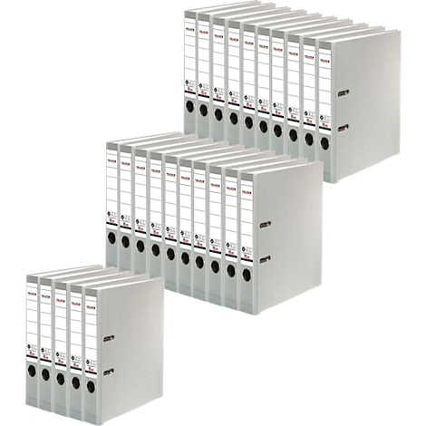 Three stacks of grey lever arch files with labels and black rings.