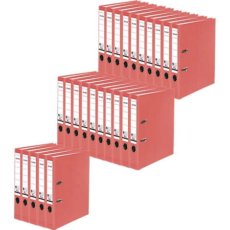 Several red file folders, stacked in different sizes. White label fields on the spines.