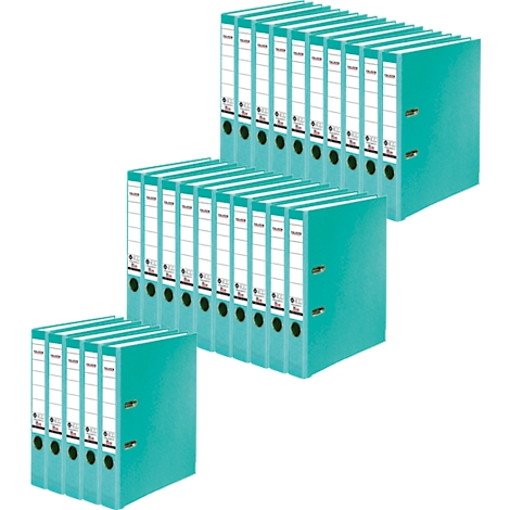 Three stacks of turquoise binders with white labels.