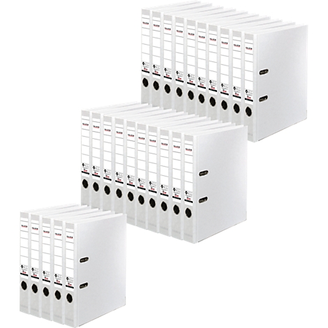 Three stacks of white file folders; the spines are labeled.