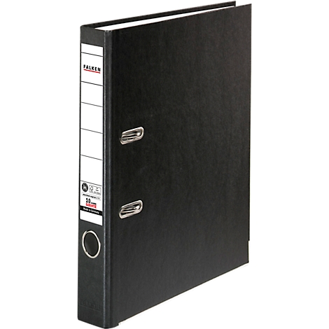 Black file folder, Falken brand, with white spine and metal clips.