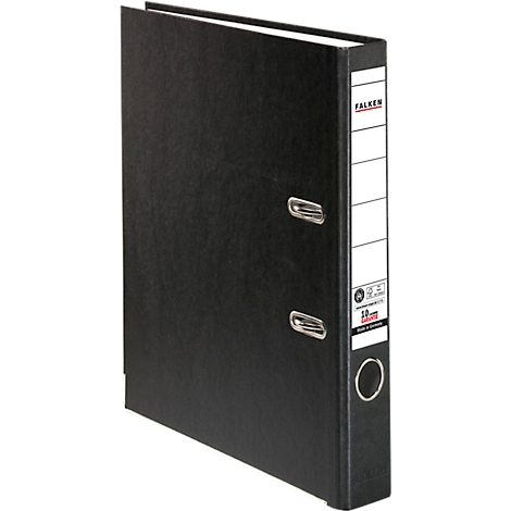 Black binder with white label fields, brand FALKEN. The binder stands at a slight angle.