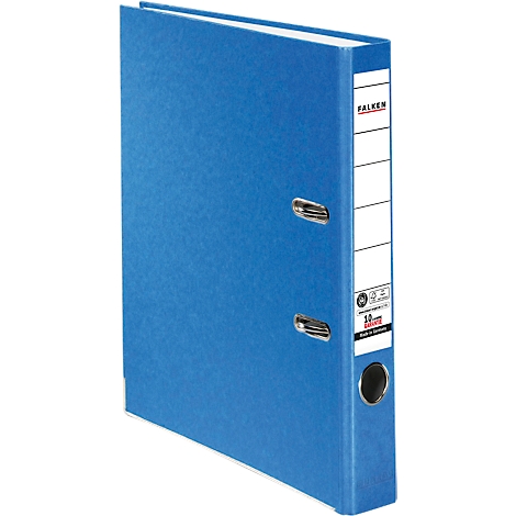 Blue file folder with white label and 'Falken' lettering. Black hole for filing.