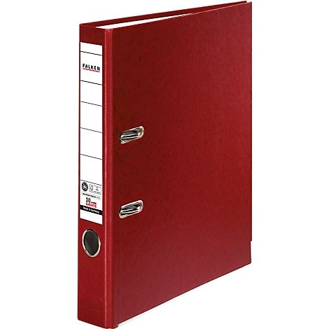 Red binder with white spine and the brand name Falken.