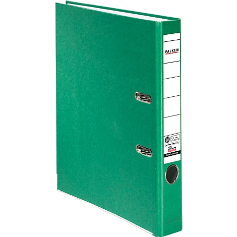 Green binder with white label showing the brand name Falken and other information.