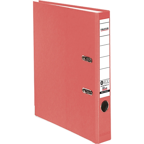 A red file folder stands slightly tilted. White labeling fields and the lettering 'FALKEN' are visible on the spine.
