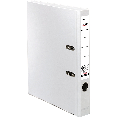White binder with metal mechanism and label, FALKEN. Details like holes and black hole.