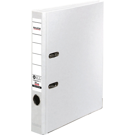 White binder with black lever and company logo. The binder has a black eyelet.