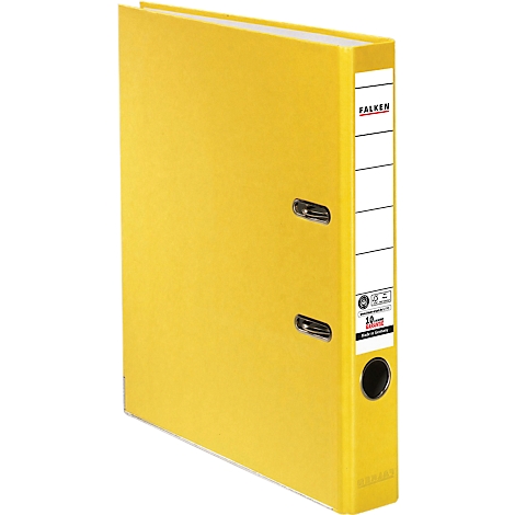 Yellow binder with white label and FALKEN lettering. Two metal eyelets and a hole for filing.
