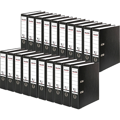 A collection of black ring binders with white labels. The label shows the lettering "FALKEN".