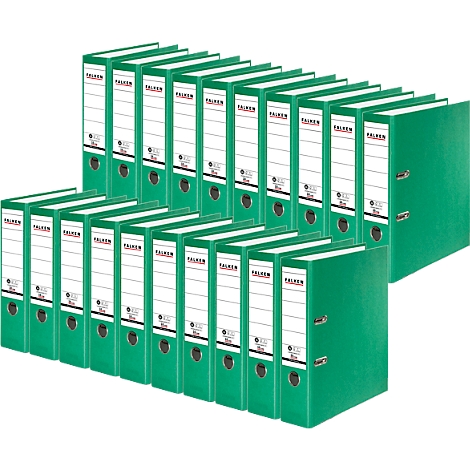 Green file folders, with white labels, side by side. On top is "FALKNER".