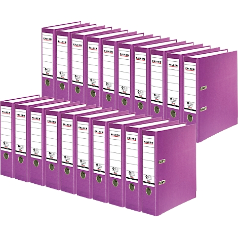 Rows of purple ring binders, some open. The labels read "FALKEN".