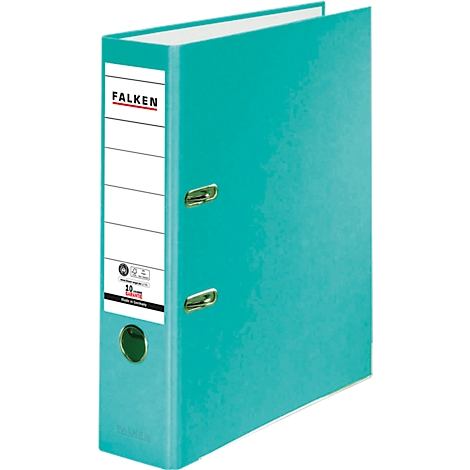 Turquoise binder with white spine. Says FALKEN. Metal mechanism. Green button.