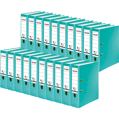 Turquoise folders arranged in a stack. The white labels say "FALKEN".