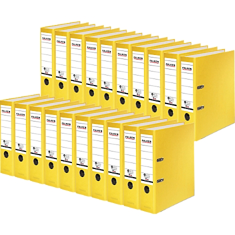 Yellow folders with white labels that say 'Falken'.