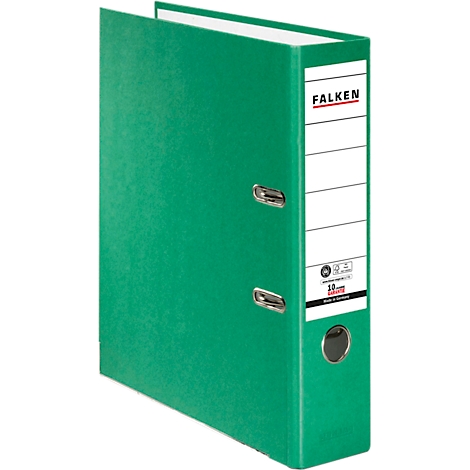 Green Falken binder, white label. Ring mechanism, silver eyelet. The folder stands upright.