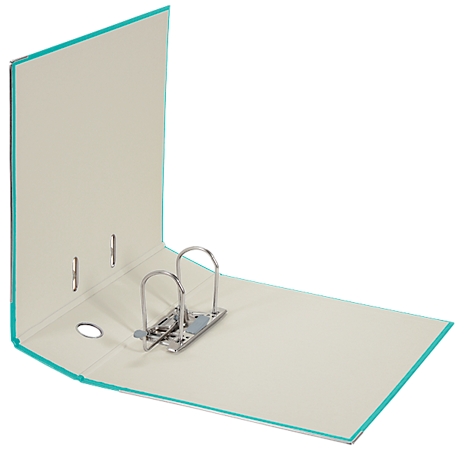 Open folder, beige inner pages, turquoise edges. Metal lever mechanism for opening.