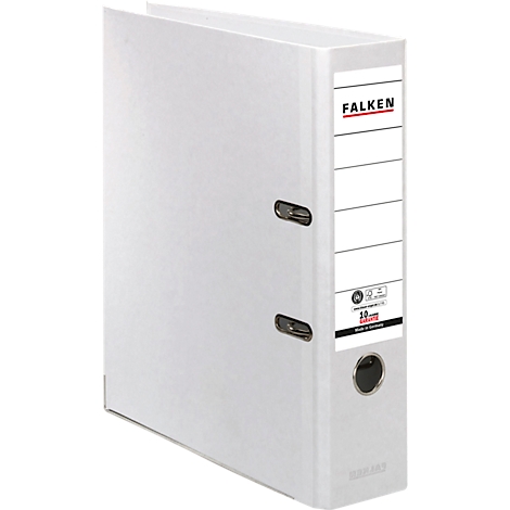 White Falken brand binder, with black details and labels. Falken inscription and empty fields.