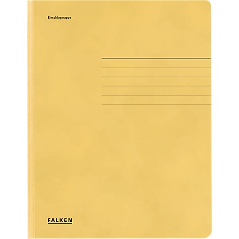 Gele map met schrijnlijnen en het opschrift "FALKEN".