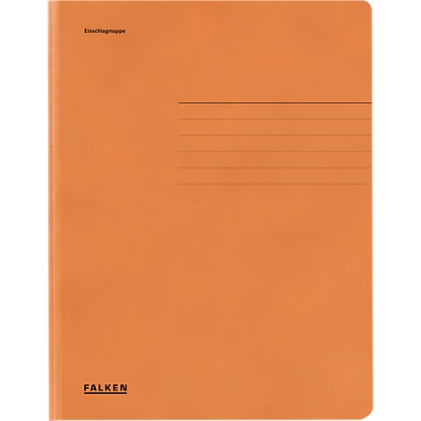 Een oranje collegeblokmap met lijnen en de tekst 'FALKEN'.