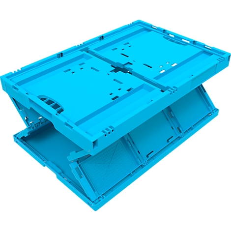 Hellblaue, zusammenklappbare Kunststoffbox, teilweise zusammengeklappt. Die Box ist offen und hat eine strukturierte Oberfläche.