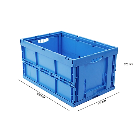 Blaue, zusammenklappbare Kunststoffbox mit den Maßen 600 x 400 x 320 mm. Griffe und Mechanismen sind erkennbar.