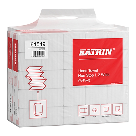 Pakung mit Papierhandtüchern, auf rotem Feld steht "KATRIN Hand Towel Non Stop L 2 Wide (W-Fold)".