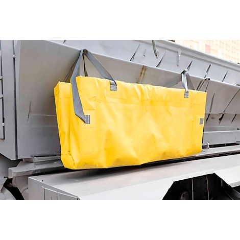 Gelbe Stofftasche mit grauen Trägern wird von einer Metallkonstruktion gehalten.
