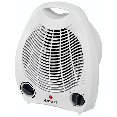 White fan heater with grille, rotary controls, and red LED. The word "exquisit" is visible.