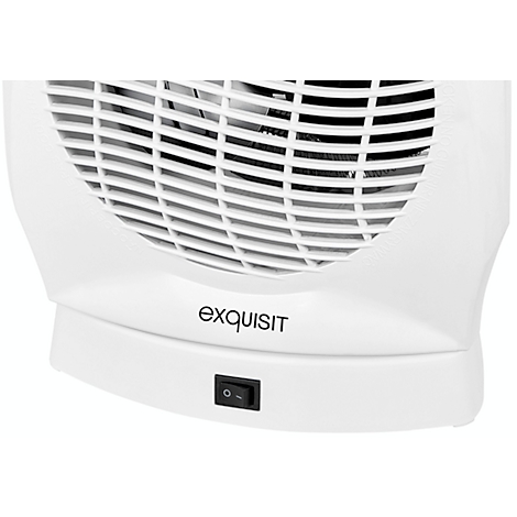 Close-up of a white fan heater with a black on/off switch and the word 'exquisit'.